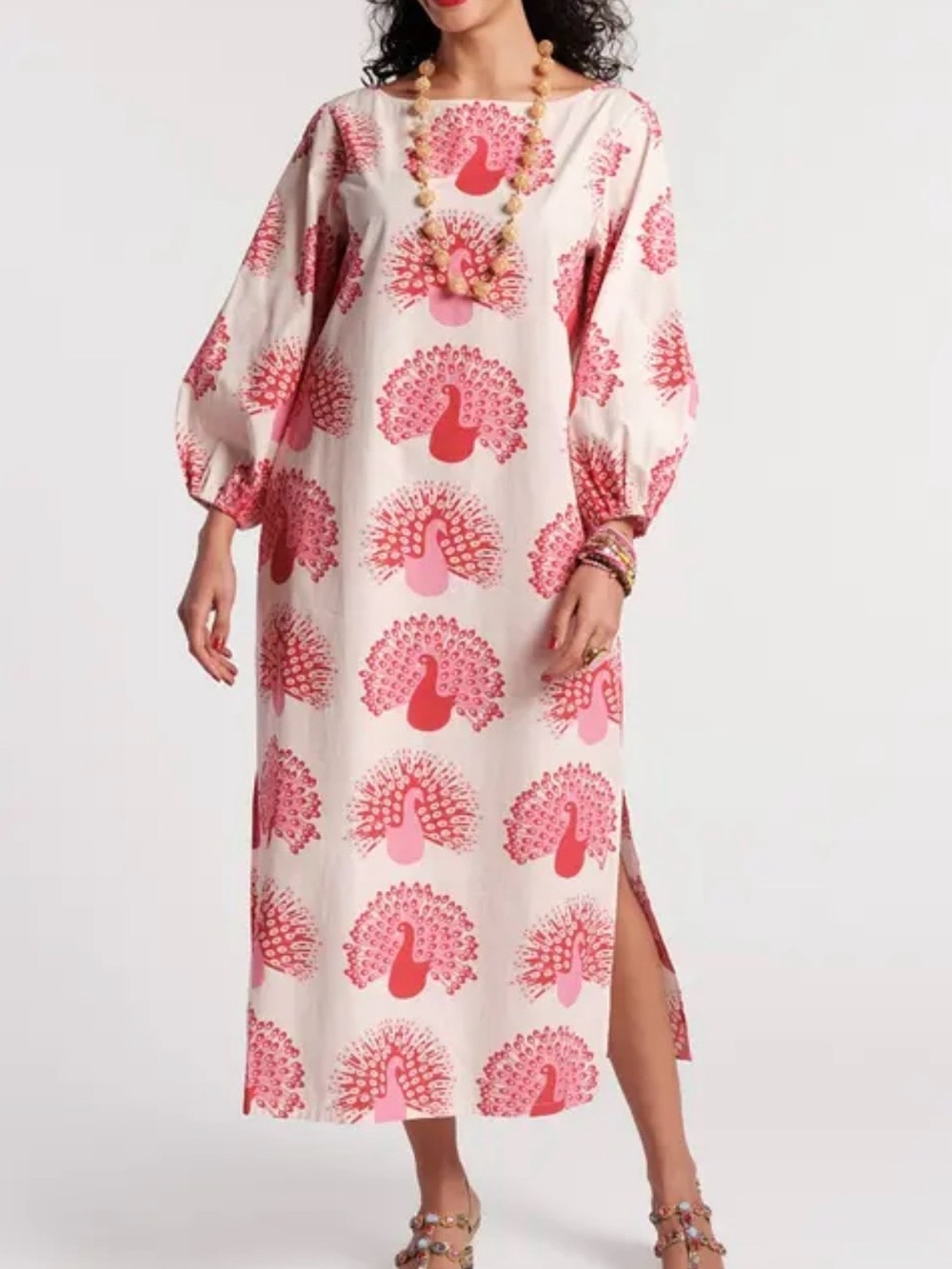 France’s Valentine Minnow Peacock Print Boat Neck 3/4 Sleeve Midi Dress XS NWT